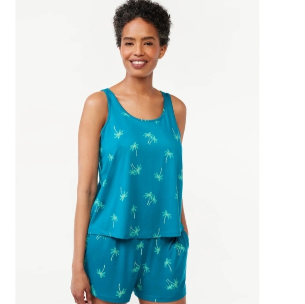 JOYSPUN Women's Blue Tropical Palm Tree Print Pajama Set
